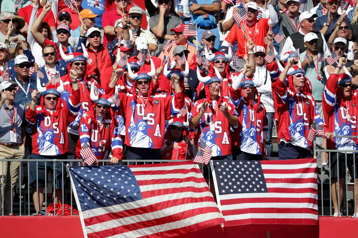 United States fans cheer at the first tee during afternoon fourball matches of the 2016 Ryder Cup at Hazeltine National Golf Club on September 30 in Chaska, Minnesota. (Streeter Lecka/Getty Images)