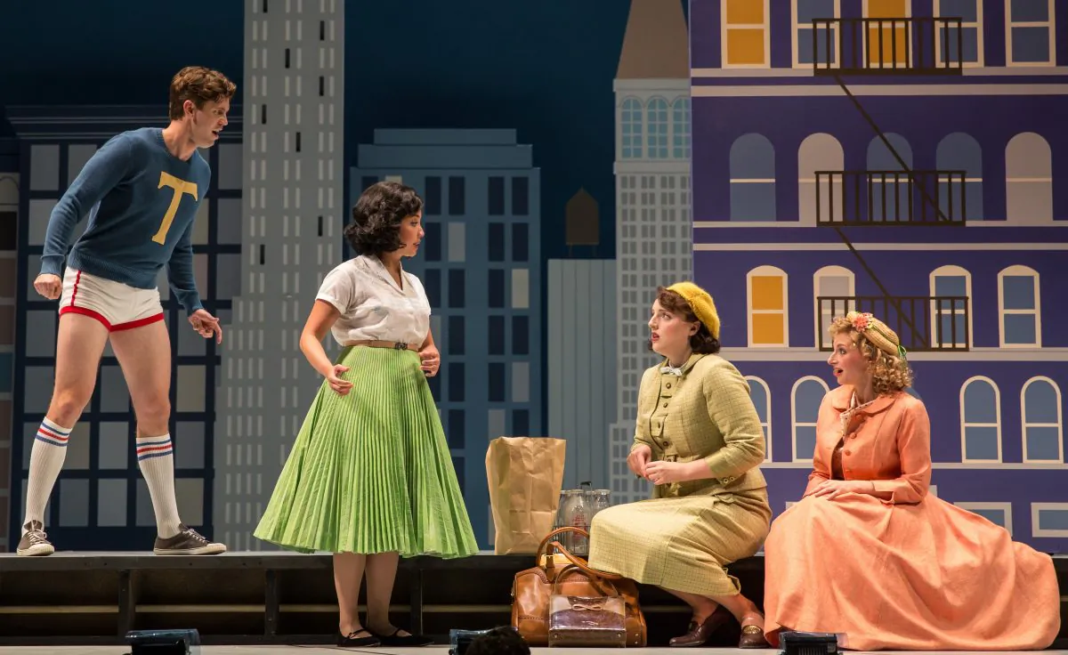 (L–R) Wreck (Jordan Brown ), Helen (Kristin Villanueva ), Ruth (Bri Sudia ) and Eileen (Lauren Molina) in “Wonderful Town,” directed by Manilow Resident Director Mary Zimmerman. (Liz Lauren)
