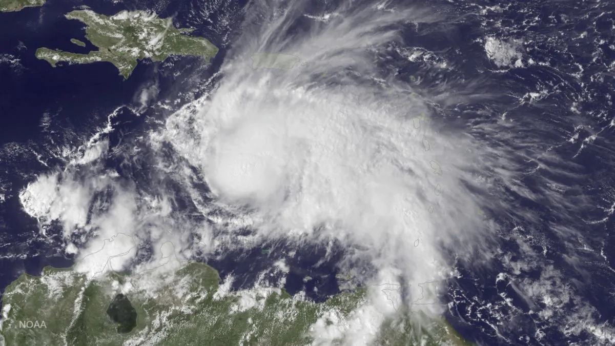 The GOES East satellite image provided by the National Oceanic and Atmospheric Administration (NOAA) on Thursday, Sept. 29, 2016 at 2:45 p.m. EDT, shows Hurricane Matthew in the Caribbean Sea about 190 miles northeast of Curacao. (NOAA via AP)