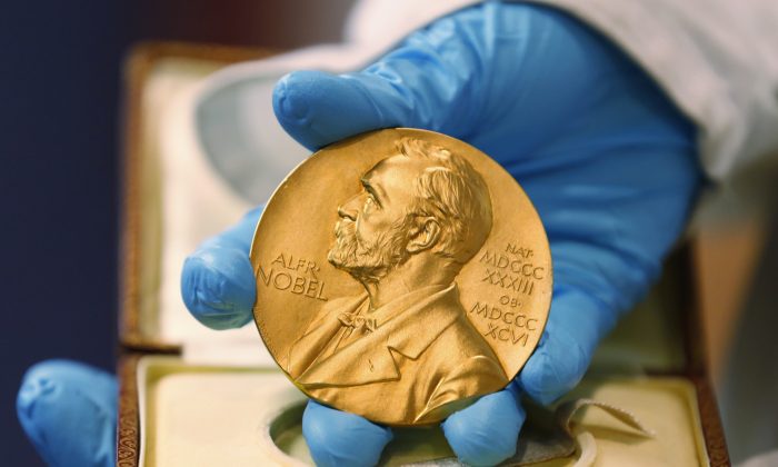 A national library employee shows the gold Nobel Prize medal awarded to the late novelist Gabriel Garcia Marquez, in Bogota, Colombia, on April 17, 2015. (AP Photo/Fernando Vergara)