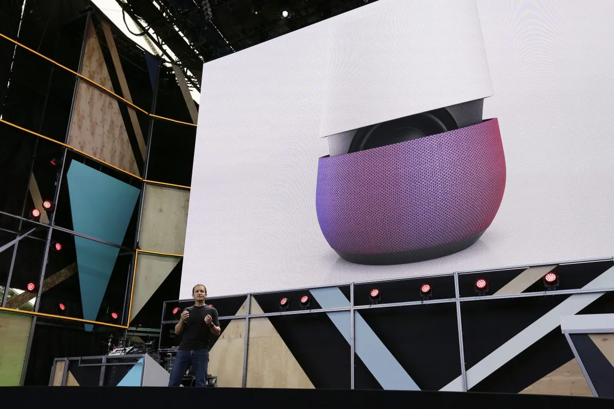 Google Vice President Mario Queiroz introducing the new Google Home device during the keynote address of the Google I/O conference in Mountain View, Calif., on May 18, 2016. (AP Photo/Eric Risberg, File)