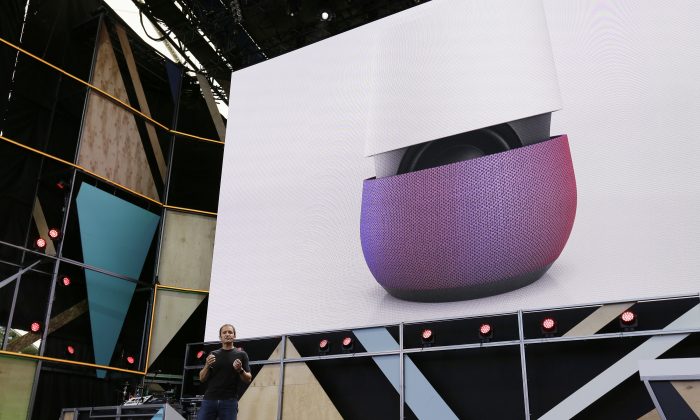 Google Vice President Mario Queiroz introducing the new Google Home device during the keynote address of the Google I/O conference in Mountain View, Calif., on May 18, 2016. (AP Photo/Eric Risberg, File)