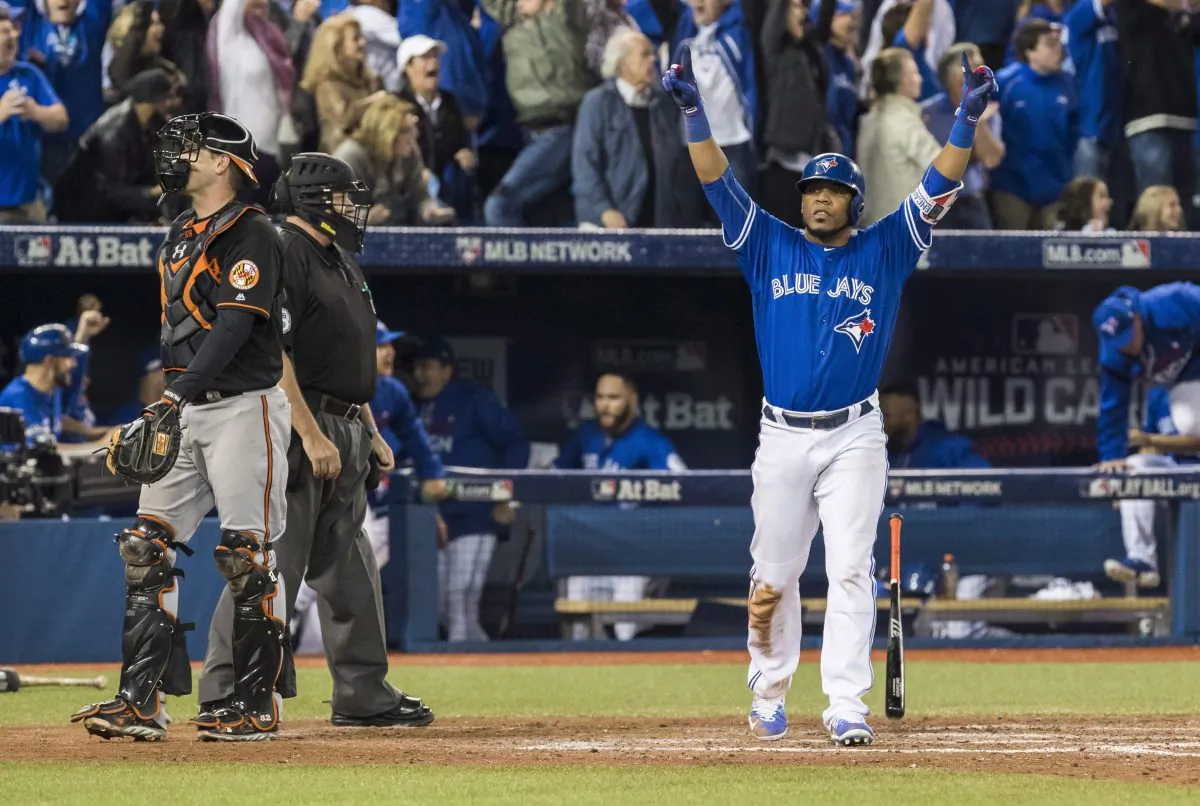 Edwin Encarnacion hit a walk-off three-run home run in the 11th inning of the American League wildcard game in Toronto on Oct. 4, 2016. (The Canadian Press/Mark Blinch)