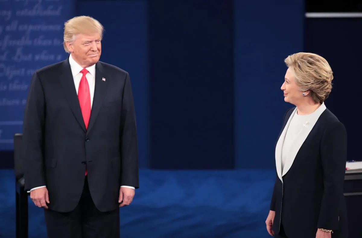 Republican presidential nominee Donald Trump and Democratic presidential nominee Hillary Clinton during the town hall debate at Washington University in St. Louis, Missouri, on Oct. 9, 2016. (Scott Olson/Getty Images)