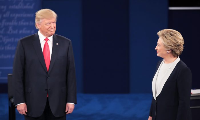 Republican presidential nominee Donald Trump and Democratic presidential nominee Hillary Clinton during the town hall debate at Washington University in St. Louis, Missouri, on Oct. 9, 2016. (Scott Olson/Getty Images)