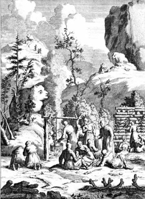 A depiction of the primitive tradition in Finland of holding ceremonies near rocks formations that look like humans or animals. (Public Domain)