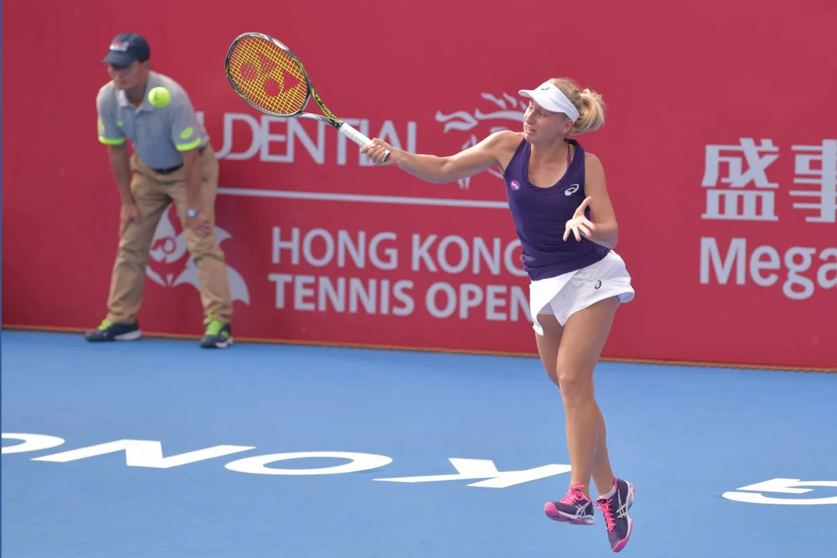 Daria Gavrilova powers another forehand in her quarter final match against Angelique Kerber, in the Hong Kong Open on Friday Oct 14,2016. (Bill Cox/Epoch Times)
