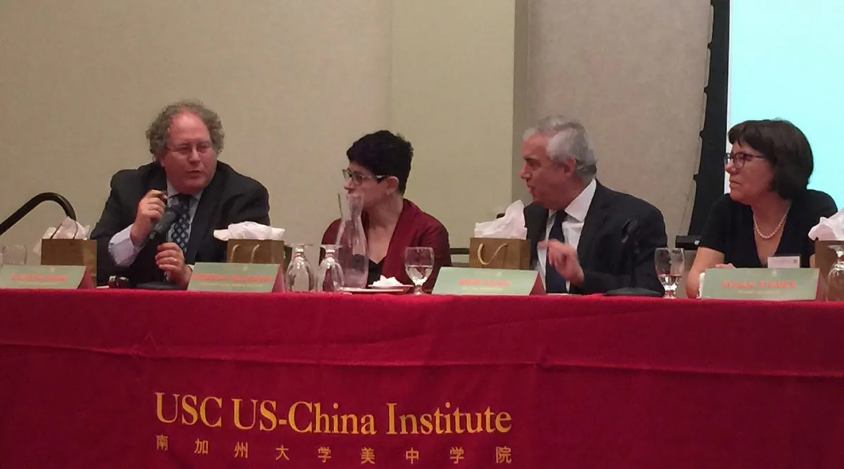 (From Left) Clayton Dube, Director of University of Southern California US-China Center; Deborah Seligsohn, researcher at UCSD; John Kamm, Founder of The Dui Hua Foundation; Susan Finder, Visiting Lecturer at the School of Transnational Law of Peking University, during a panel discussion at a US-China Institute conference in Los Angeles, California, on Sept. 29. (Juliet Zhu/Epoch Times)