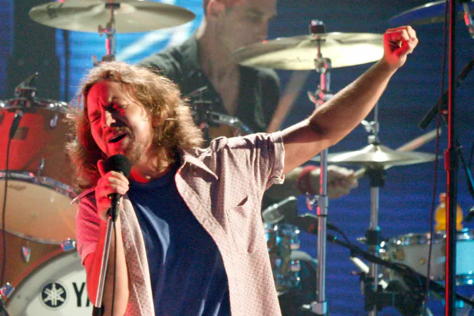 Singer Eddie Vedder of 'Pearl Jam' performs onstage during the 3rd Annual VH1 Rock Honors at UCLA's Pauley Pavillion on July 12, 2008 in Los Angeles, California. Pearl Jam was one of the nominees for the induction into the Rock and Roll Hall of Fame on Oct. 18. (Kevin Winter/Getty Images)