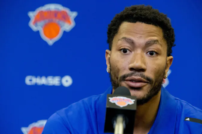 FILE - In this June 24, 2016, file photo, Derrick Rose speaks during a news conference at Madison Square Garden in New York. NBA star Rose is set to return to the witness stand in a $21 million lawsuit that alleges he and two friends raped an incapacitated woman. Before Rose retakes the stand Tuesday, Oct. 11, a judge will consider a mistrial request from Rose's lawyer. Rose and his friend were cleared of rape in civil lawsuit on Oct. 19. (AP Photo/Mary Altaffer, File)