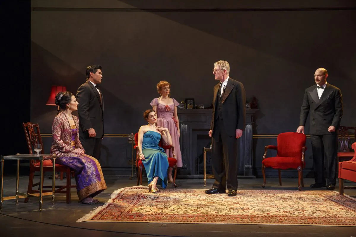 (L–R) Mme. Aung (Ann Sanders) and M. Aung (Pun Bandhu), Susan Traherne (Rachel Weisz), Alice Park (Emily Bergl), Leonard Darwin (Byron Jennings), and Raymond Brock (Corey Stoll), in “Plenty.” (Joan Marcus)