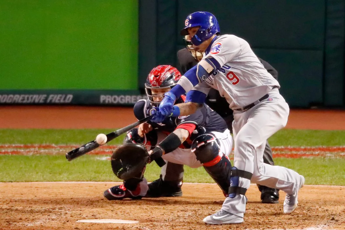 Javier Baez of the Chicago Cubs hits a single against Cleveland in Game 1 of the 2016 World Series at Progressive Field on Oct. 25 in Cleveland, Ohio. (Gregory Shamus/Getty Images)