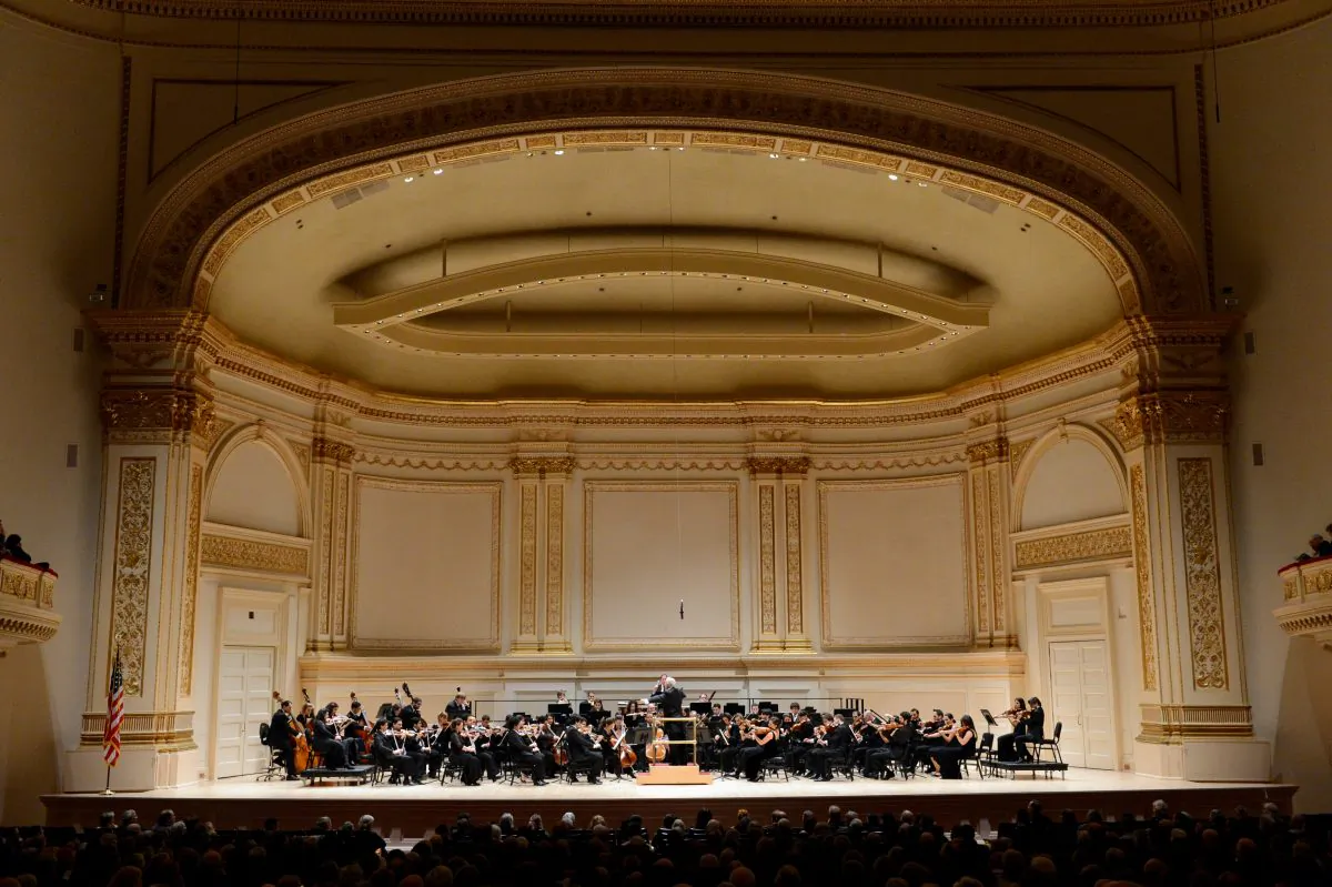 Argentinian-born conductor Daniel Barenboim directs the West-Eastern Divan Orchestra in Beethoven's Symphony No. 4 on January 31, 2013 at Carnegie Hall in New York. (STAN HONDA/AFP/Getty Images)