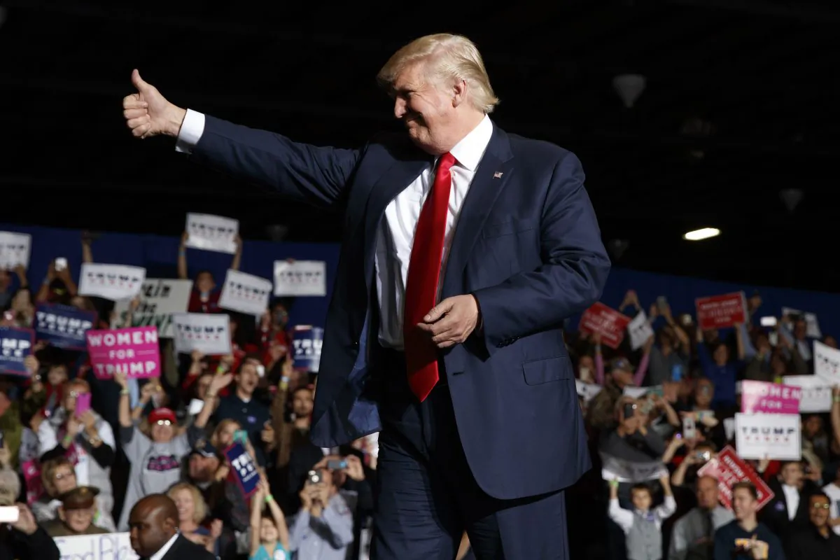 Republican presidential candidate Donald Trump arrives to speak to a campaign rally, Thursday, Oct. 27, 2016, in Geneva, Ohio. (AP Photo/ Evan Vucci)
