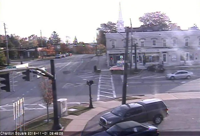 A screenshot from a live camera feed shows a street corner in Chardon, Ohio, which ISIS was passing around to discuss a possible attack. (BLACKOPS Cyber)