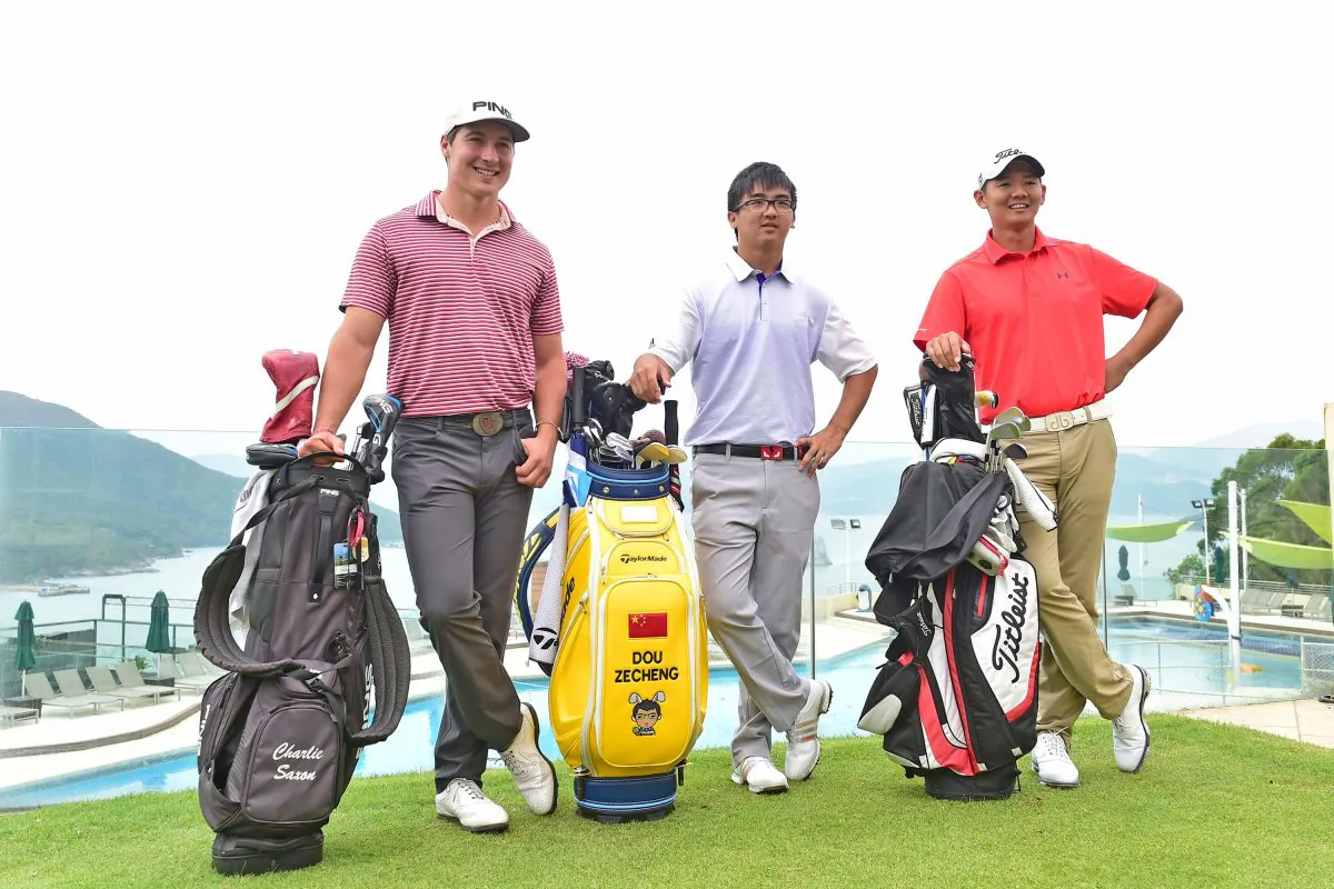 (L-R) Charlie Saxon, Marty Dou and Jason Hak at Clearwater Bay on Nov 1, 2016 to take part in the PGA Tour China Series, inaugural Clearwater Bay Open between Nov 3 and 6. 
(Bill Cox/Epoch Times)