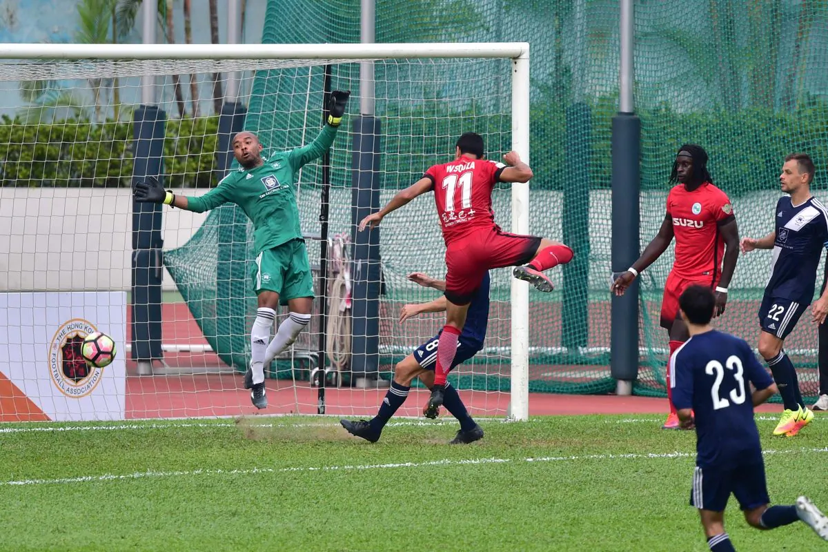 Scary moment for HKFC in their HKFA Senior Shield quarter final against Kwoon Chung Southern (KCS) at Tsing Yi Sports Ground on Sunday Oct 30, as Wellingsson De Souza heads the ball down across goal for it to bounce harmlessly above the cross bar. Notwithstanding this slip, KCS won the encounter 5-1. (Bill Cox/Epoch Times)