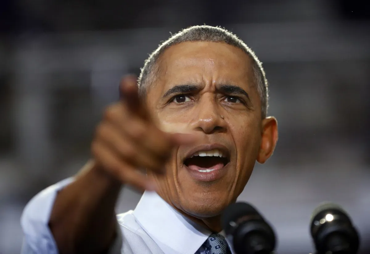 President Barack Obama points to members of the audience while speaking at Capital University Field House in Columbus, Ohio, Tuesday, Nov. 1, 2016. Obama is kicking off a week of campaigning for Democratic presidential candidate Hillary Clinton with a stop in battleground Ohio. (AP Photo/Pablo Martinez Monsivais)