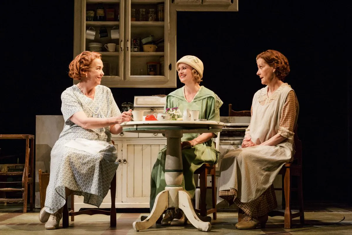 (L–R) Vonnie Hayhurst (Harriet Harris), Annie Gayle Long (Rebecca Brooksher), and Mabel Votaugh (Hallie Foote) meet to share gossip and friendship in Horton Foote's quiet but stirring “The Roads to Home.” (James Leysne)
