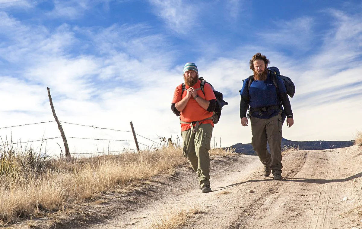 Veterans Anthony Anderson (L) and Tom Voss decided to walk 2,700 miles from Wisconsin to California to try to sort out some of the issues they faced—including PTSD and moral injury—after being in combat situations in Iraq. (Courtesy of Veterans Trek Production)