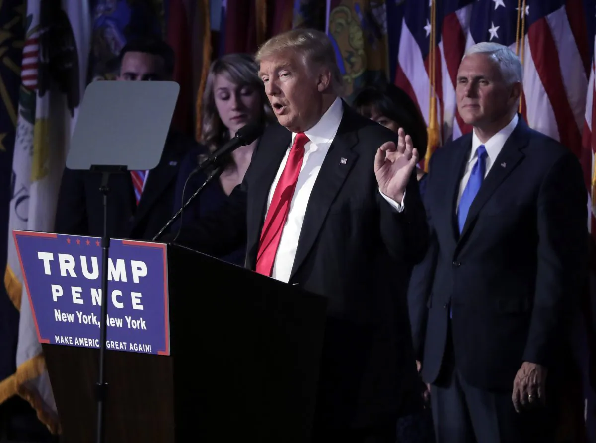 President-elect Donald Trump gives his acceptance speech during his election night rally, in New York on Nov. 9, 2016. (AP Photo/Julie Jacobson)