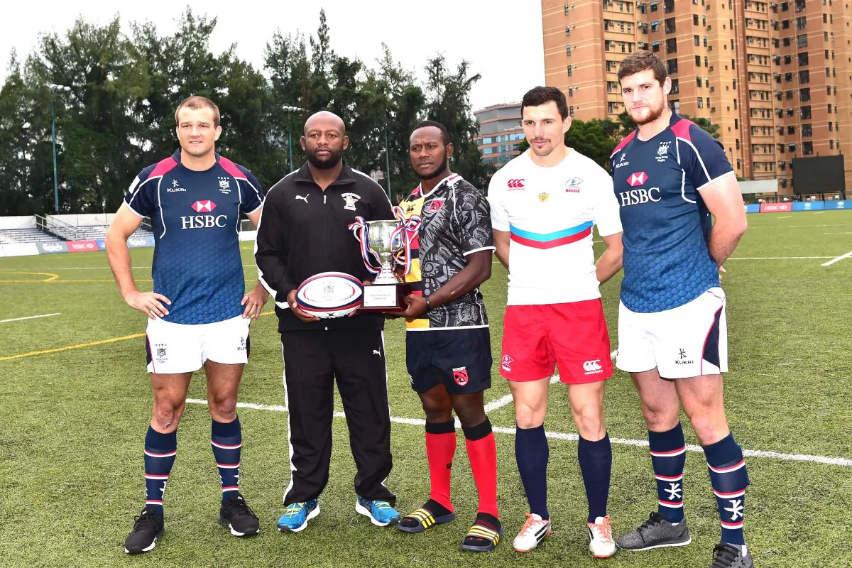 (L-R) Cup of Nations captains Nicholas Hewson (Hong Kong), Denford Muiamamgira (Zimbabwe), Tisa Kautu (Papua New Guinea), Vasily Artemyev (Russia) and Hong Kong’s Ed Rolston who will captain Hong Kong in their first match. The round robin tournament will take place on 3 days over a 9-day period – Friday Nov 11 and Tuesday Nov 15 at King’s Park, and then a final round at Hong Kong Football Club on Saturday Nov 19, 2016.  (Bill Cox/Epoch Times)