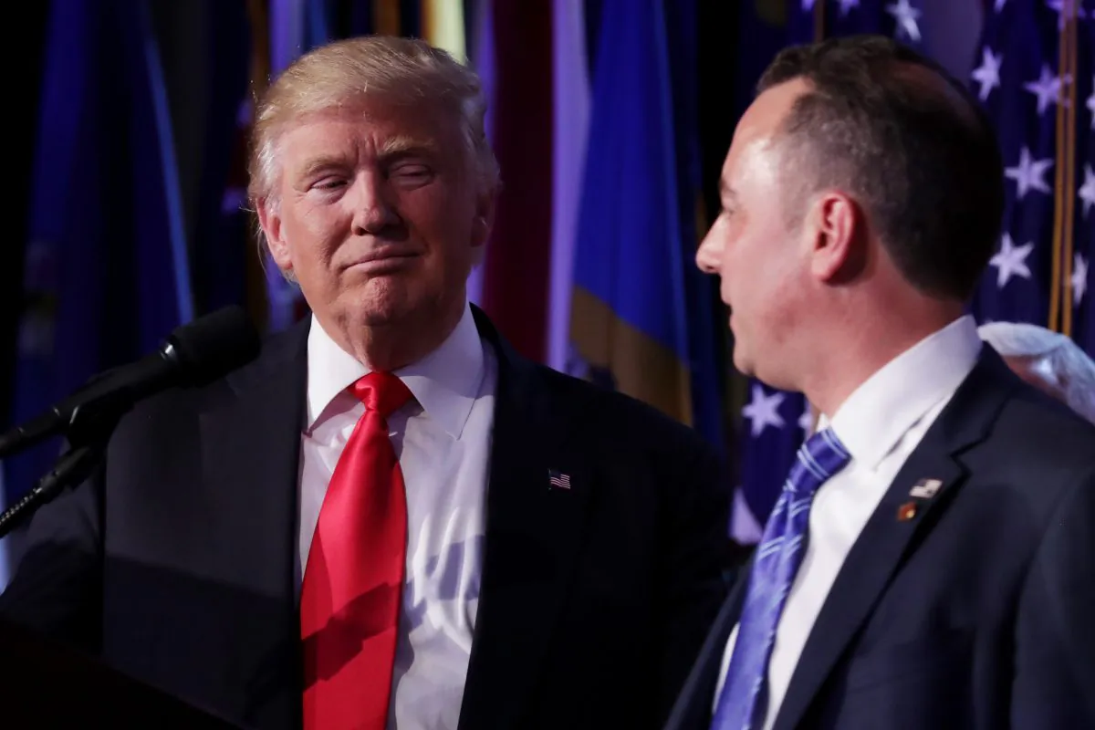 Republican president-elect Donald Trump and Reince Priebus during his election night event at the New York Hilton Midtown on Nov. 9, 2016. (Chip Somodevilla/Getty Images)