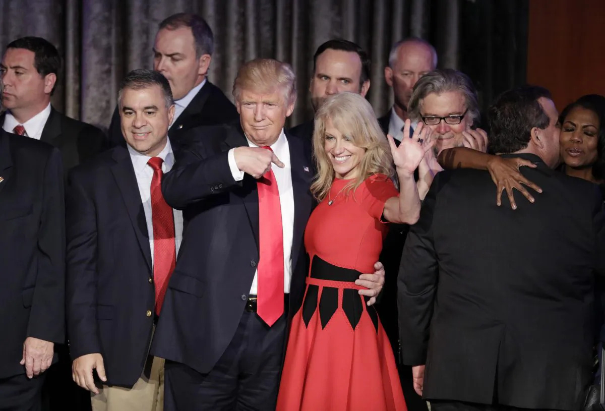 President-elect Donald Trump and campaign manager Kellyanne Conway celebrate during an election night rally in New York on Nov. 9, 2016. (John Locher/AP Photo)