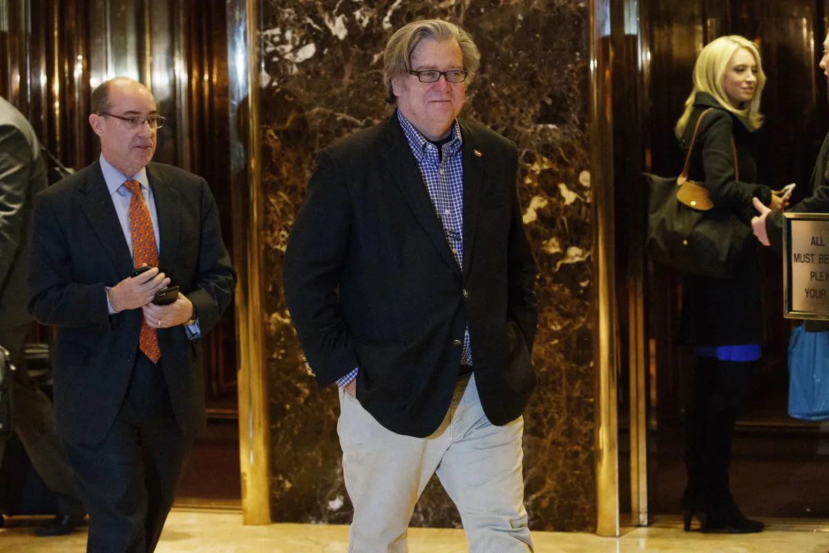 In this Friday, Nov. 11, 2016, file photo, Stephen Bannon, campaign CEO for President-elect Donald Trump, leaves Trump Tower in New York. Trump on Sunday named Republican Party chief Reince Priebus as White House chief of staff and conservative media owner Bannon as his top presidential strategist, two men who represent opposite ends of the unsettled GOP. (AP Photo/Evan Vucci, File)