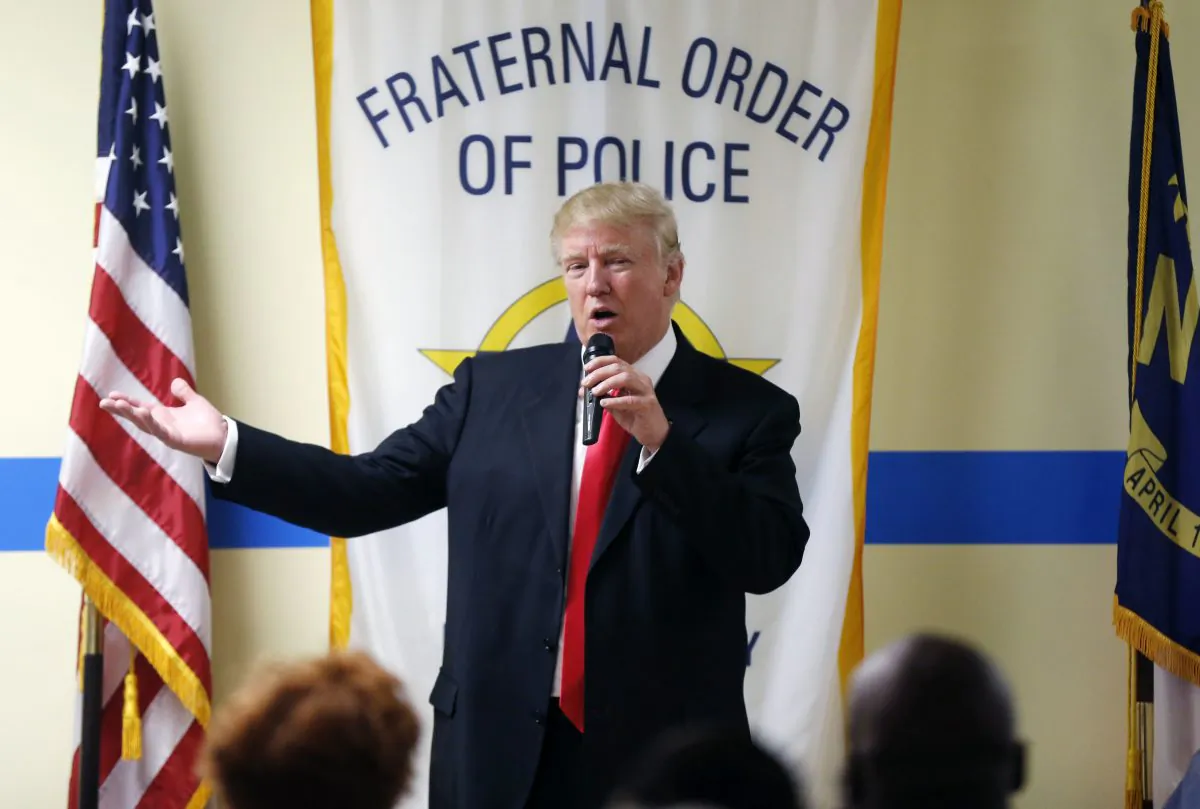 Republican presidential candidate Donald Trump speaks at a Fraternal Order of Police lodge during a campaign stop in Statesville, N.C., on Aug. 18, 2016. (AP Photo/Gerald Herbert)