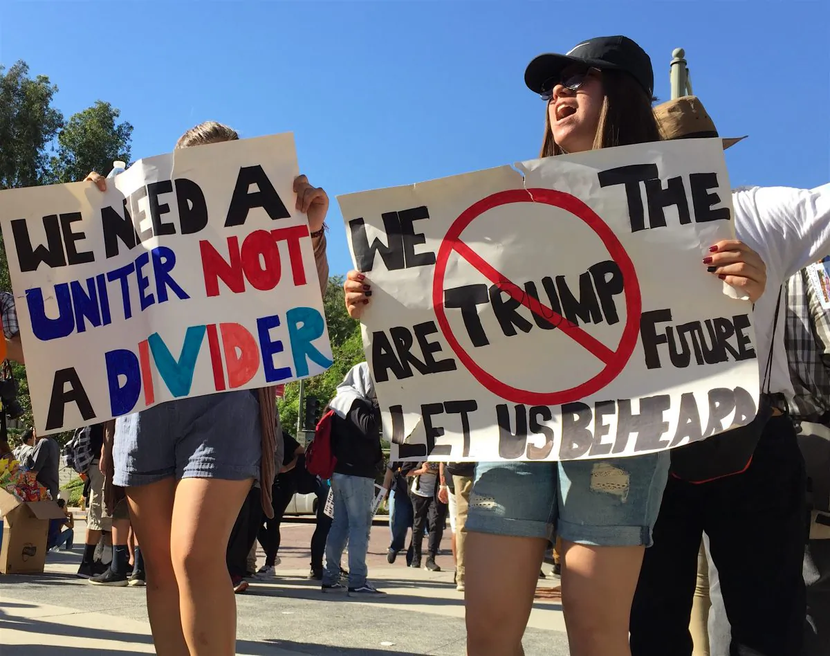 High school students from Los Angeles Unified School District rally against president-elect Donald Trump at Grand Park across from City Hall after walking out of class in Los Angeles, Calif. on Nov. 14. (Sarah Le/Epoch Times)