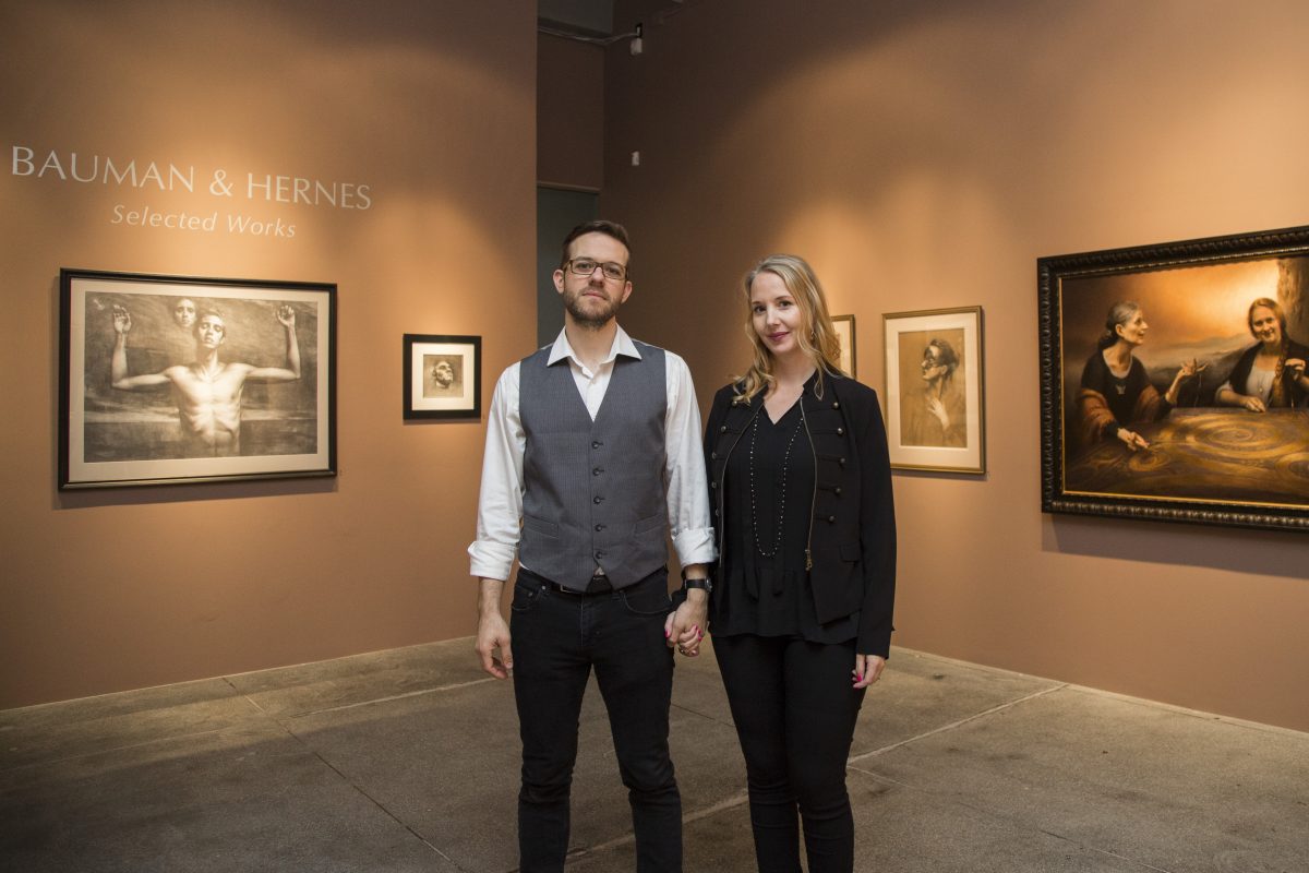 Stephen Bauman and Cornelia Hernes at their "Selected Works" exhibition opening at The Florence Academy of Art US located at Mana Contemporary in Jersey City on Oct. 30, 2016. (Samira Bouaou/Epoch Times)