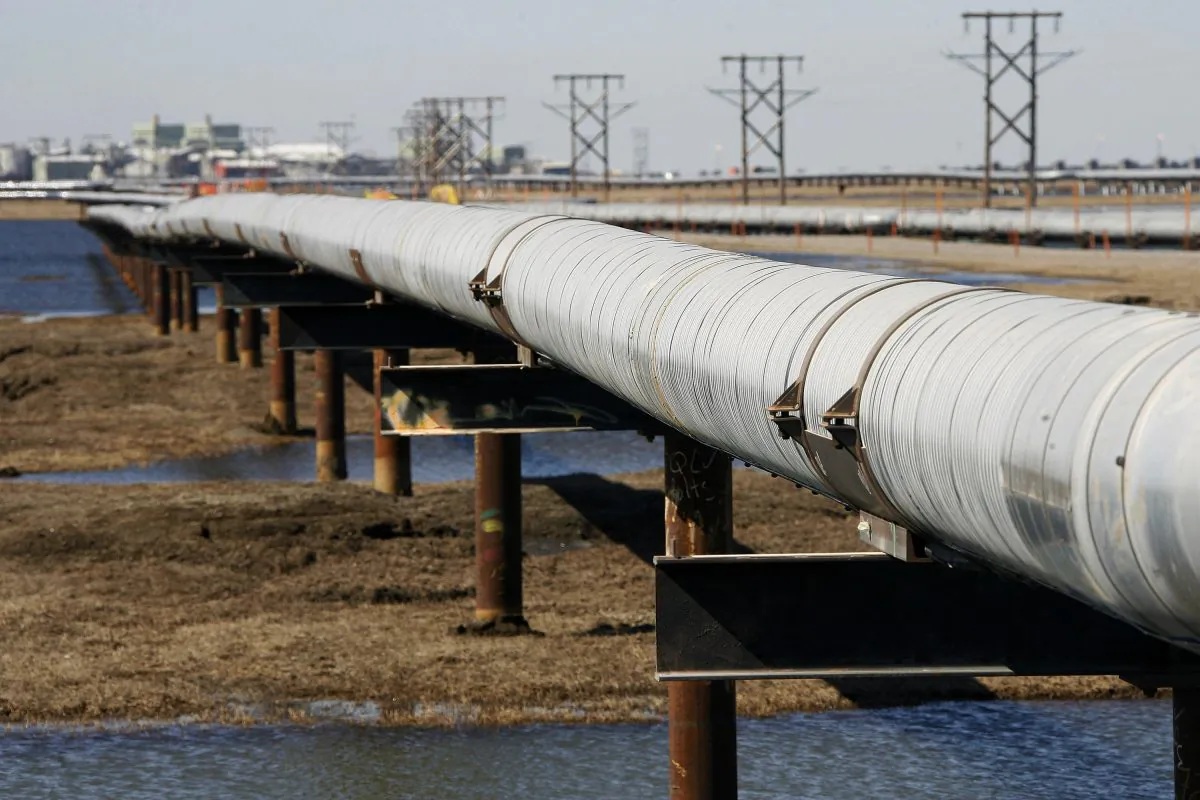 An oil transit pipeline runs across the tundra to a flow station at the Prudhoe Bay oil field on Alaska's North Slope. (Al Grillo, File/AP Photo)