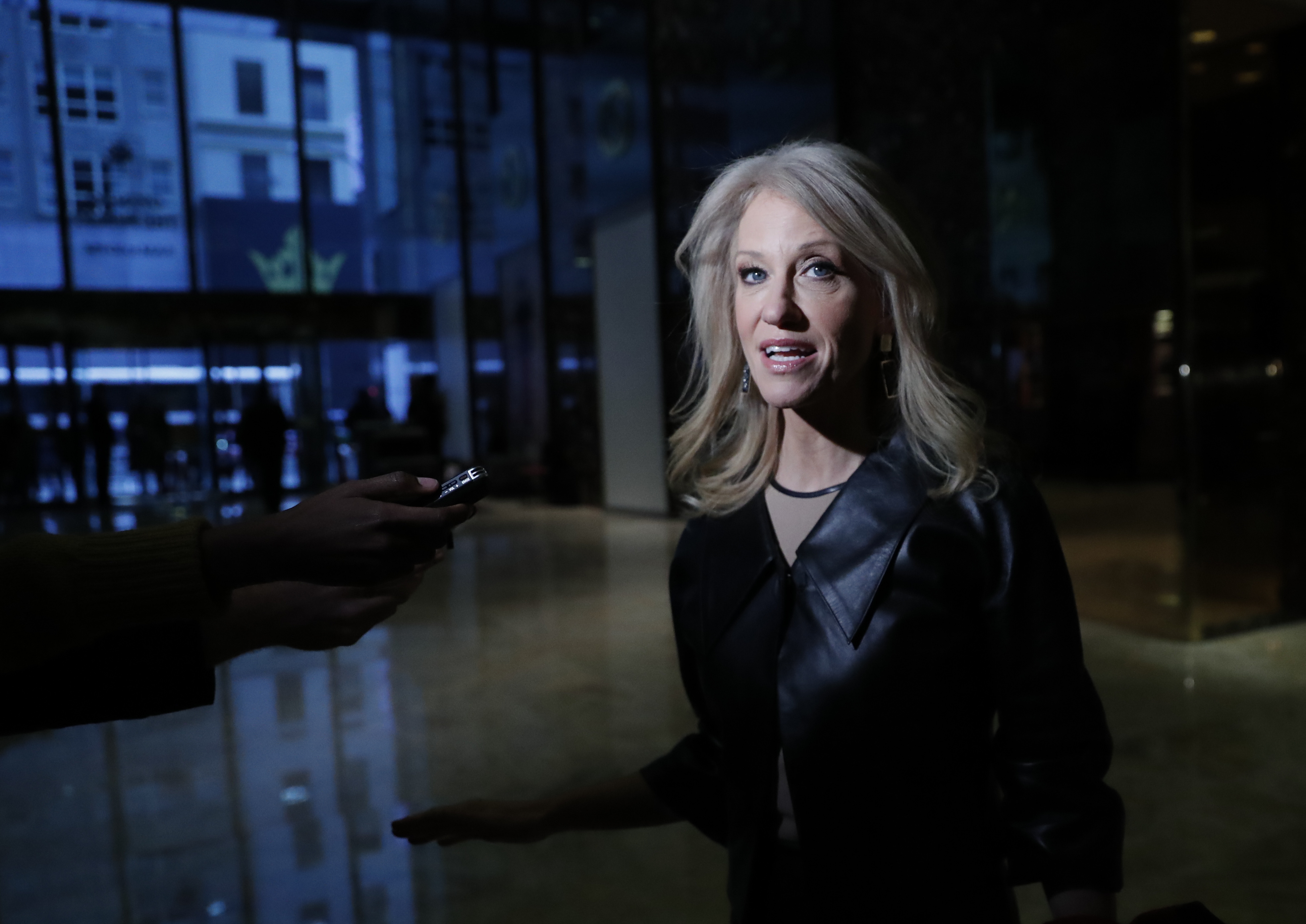 Kellyanne Conway speaks to media as she arrives at Trump Tower, in New York on Nov. 21, 2016. (AP Photo/Carolyn Kaster)