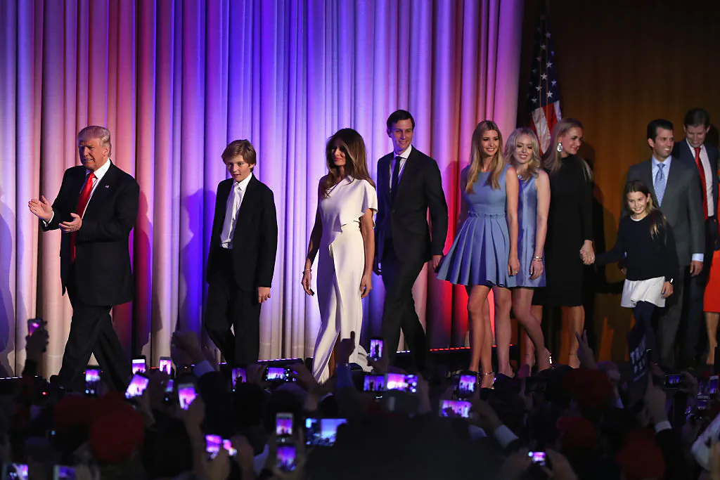 Republican president-elect Donald Trump on stage with his son (L-R) Barron Trump, wife Melania Trump, Jared Kushner, Ivanka Trump, Tiffany Trump, Vanessa Trump, Donald Trump Jr., and Eric Trump during his election night event at the New York Hilton Midtown in New York City on Nov. 9, 2016. (Photo by Mark Wilson/Getty Images)