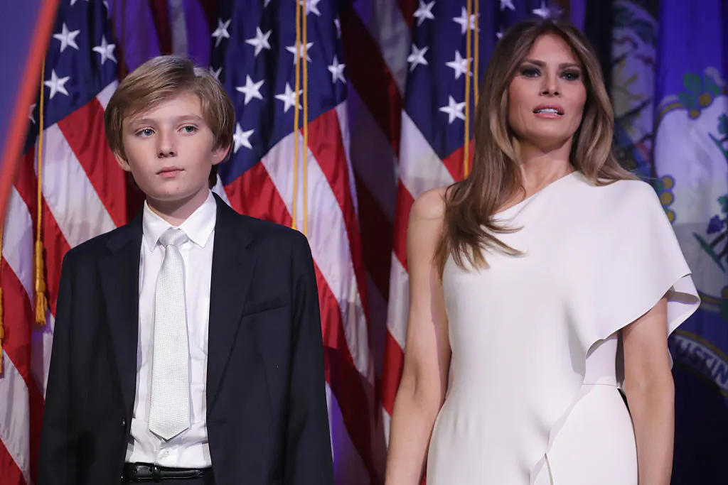 Barron Trump and his mother Melania Trump stand on stage after Republican president-elect Donald Trump delivered his acceptance speech at the New York Hilton Midtown in New York City on Nov. 9, 2016. (Chip Somodevilla/Getty Images)