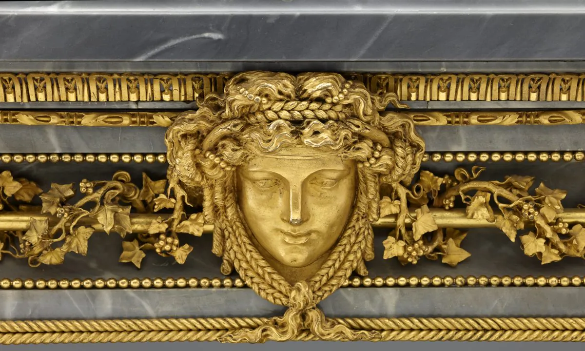 Jean-François-Thérèse Chalgrin (1739 - 1811) Designs 
François-Joseph Belanger (1744 - 1818) Designs 
Pierre Gouthière (1732 - 1813) Bronzes 
Blue Marble Side Table with Neoclassical Mounts, 1781
bleu turquin marble and gilt bronze
37 1/2 in. x 81 1/8 in. (95.25 cm x 206.06 cm)
Henry Clay Frick Bequest.
Accession number: 1915.5.59