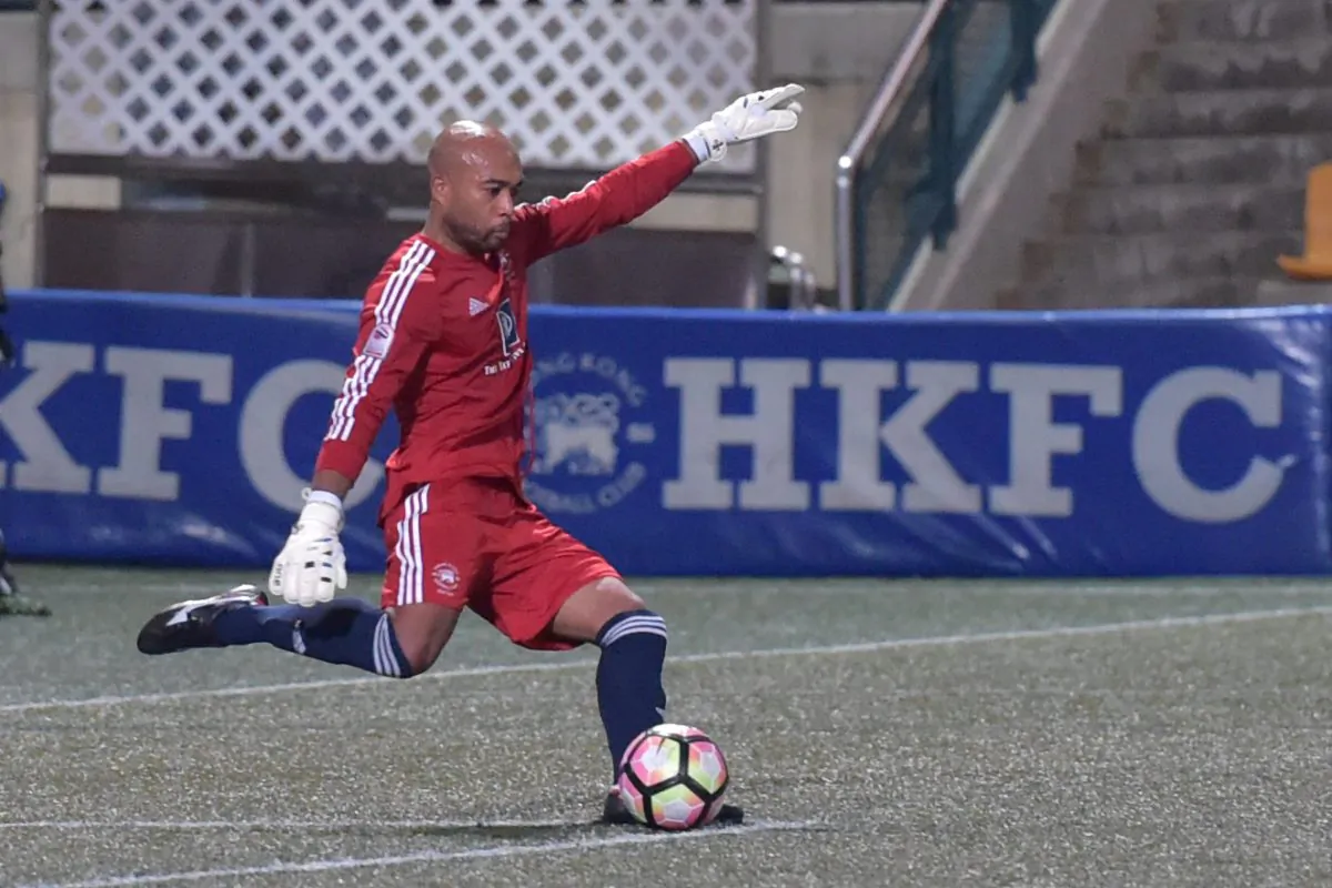 HKFC goalkeeper Issey Maholo taking a goal kick in the HKFA Premier Division at the start of the 2016 season. (Bill Cox/Epoch Times)