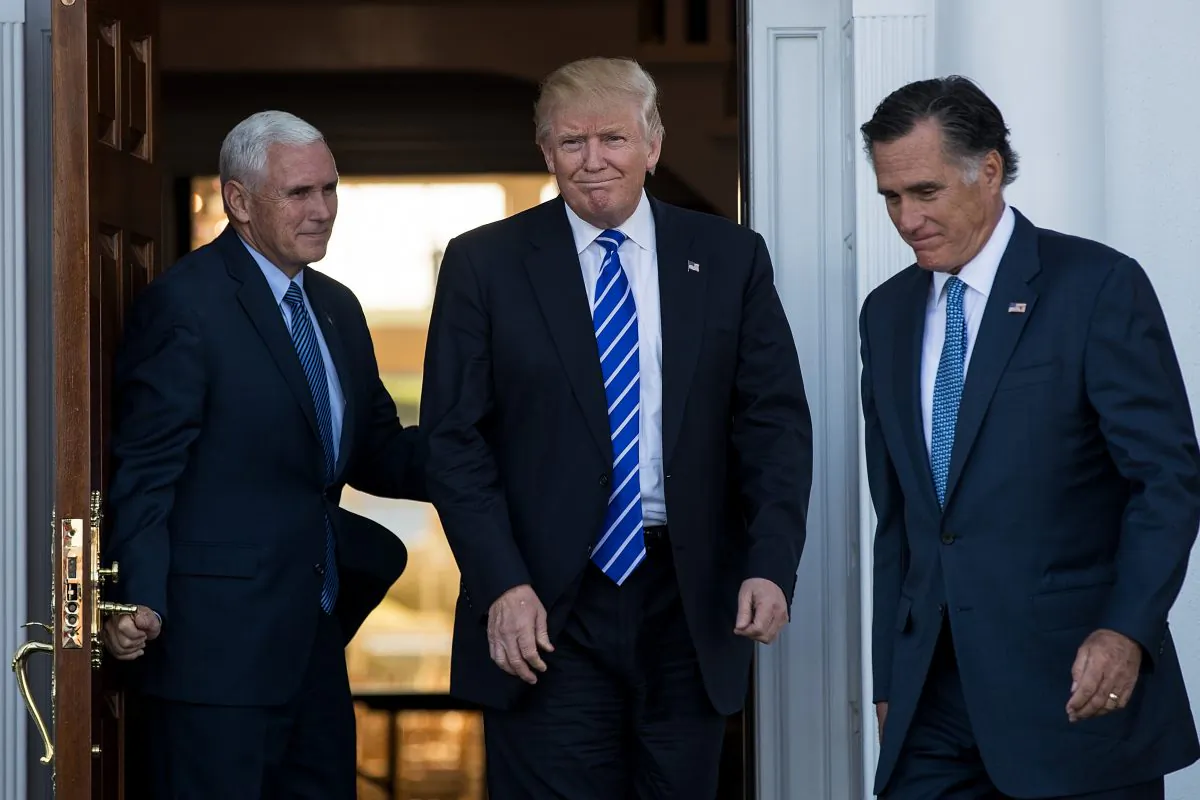 BEDMINSTER TOWNSHIP, NJ - NOVEMBER 19: (L to R) Vice president-elect Mike Pence, President-elect Donald Trump and Mitt Romney leave the clubhouse after their meeting at Trump International Golf Club, November 19, 2016 in Bedminster Township, New Jersey. Trump and his transition team are in the process of filling cabinet and other high level positions for the new administration. (Photo by Drew Angerer/Getty Images)