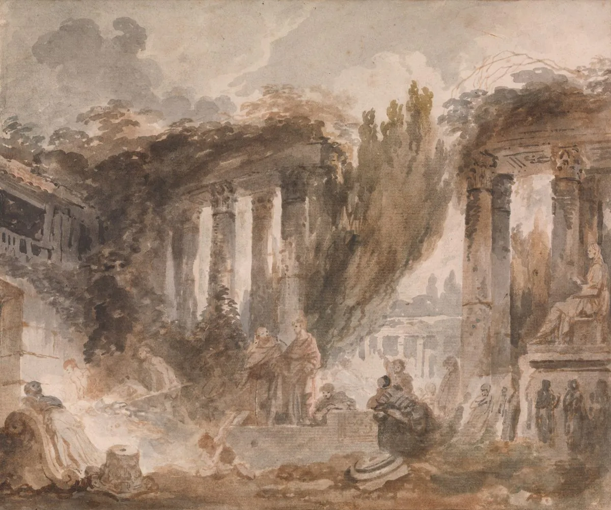 "Capriccio: Excavation of Roman Ruins," circa 1760-62, by Jean Honoré Fragonard (French, Grasse 1732–1806 Paris). Brush and brown and gray wash and watercolor over black chalk on antique laid paper, 10 5/16 by 12 5/16 inches. Private collection (Courtesy of The Metropolitan Museum of Art). On view at The Met Fifth Avenue in Gallery 691.