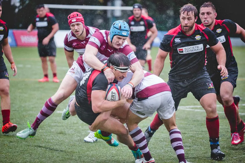 This Valley attack is held up by strong defense by Kowloon in the HKRFU Premiership match at King's Park on Saturday Nov26, 2016. (Dan Marchant)