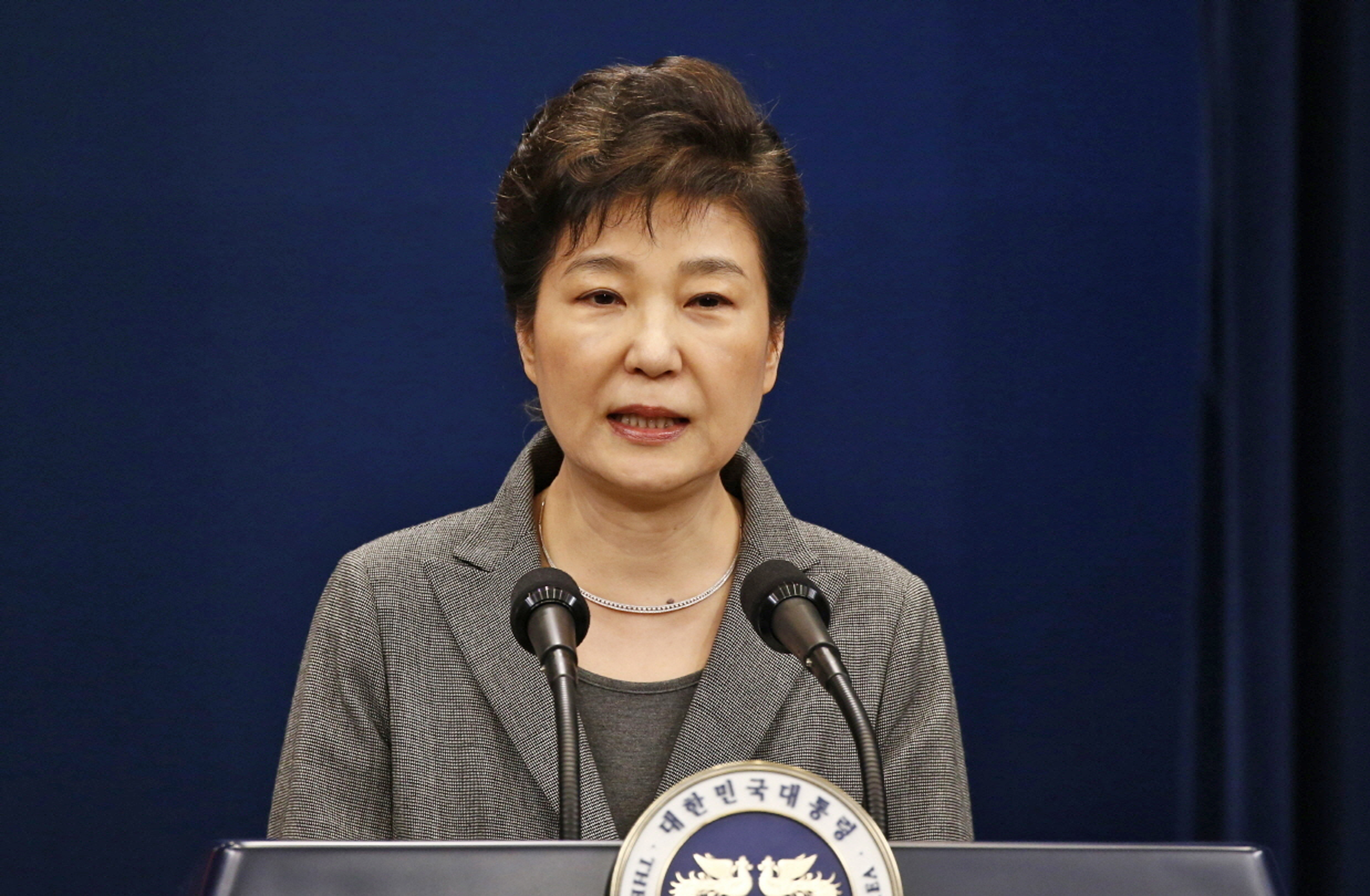 South Korean President Park Geun-hye makes a live televised address in Seoul, South Korea on Nov. 29, 2016. (Pool Photo via AP)