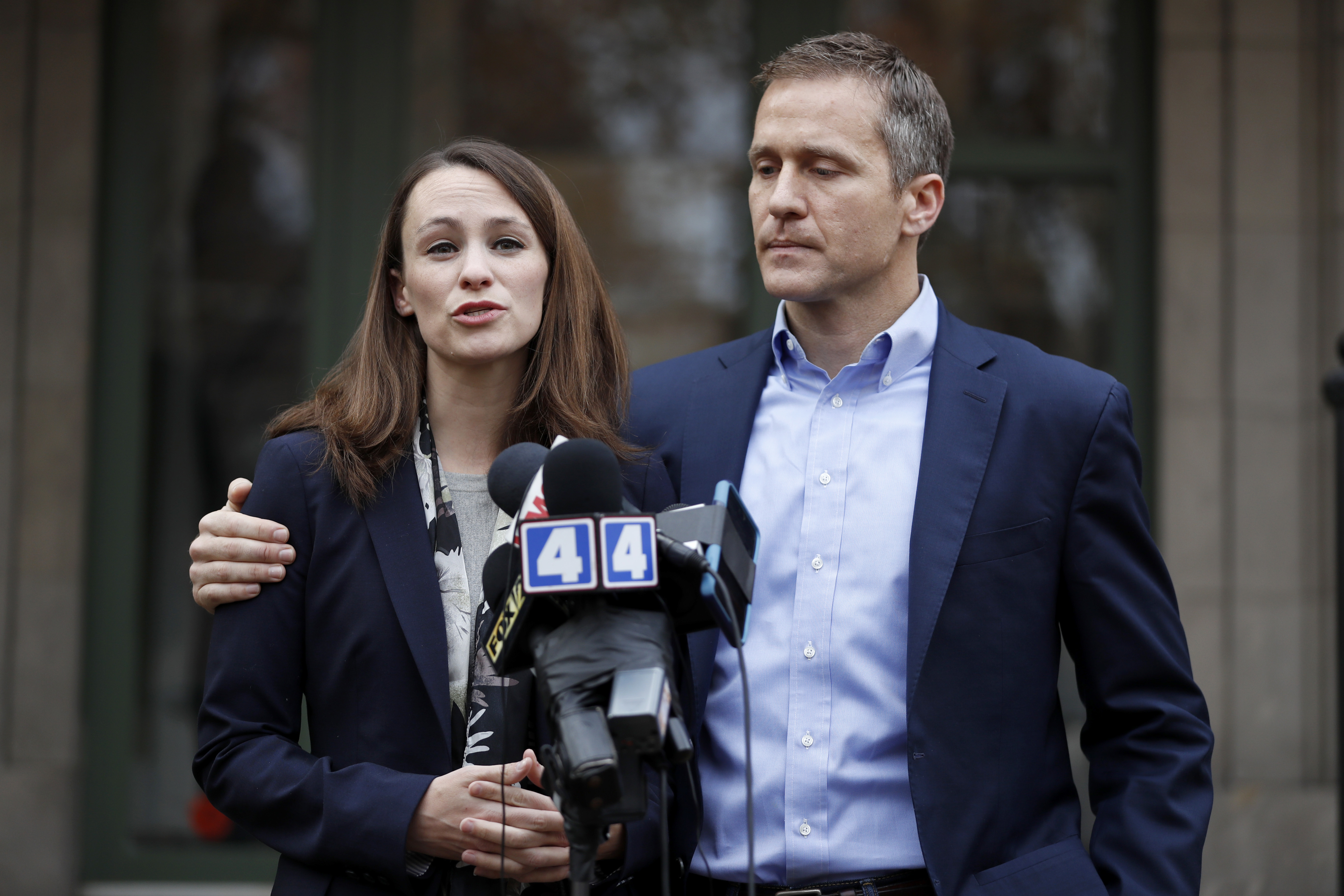 Missouri Gov.-elect Eric Greitens and his wife Sheena speak to the media in St. Louis on Dec. 6, 2016. (AP Photo/Jeff Roberson)