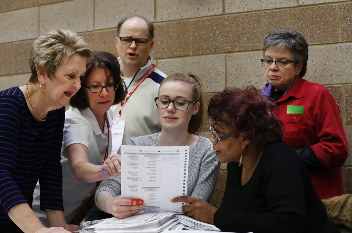 A challenge is reviewed on a ballot during a statewide presidential election recount in Waterford Township, Mich., on Dec. 5, 2016. The recount comes at the request of Green Party candidate Jill Stein who also requested recounts in Pennsylvania and Wisconsin. (AP Photo/Paul Sancya)