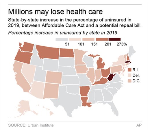 State-by-state increase in the percentage of uninsured. (Via AP)