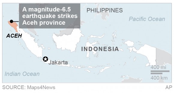 Map locates earthquake near Aceh, Indonesia; 2c x 1 3/4 inches; 96.3 mm x 44 mm;