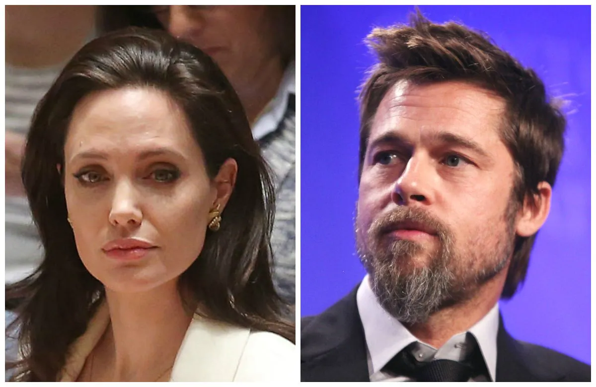 Angelina Jolie attends a United Nations Security Council Meeting on the situation in the Middle East And Syria at United Nations in New York City on April 24, 2015; Actor Brad Pitt looks on while discussing post-Katrina New Orleans at the Clinton Global Initiative (CGI) in New York City on Sept. 24, 2009. ( Jemal Countess/Getty Images; Mario Tama/Getty Images)