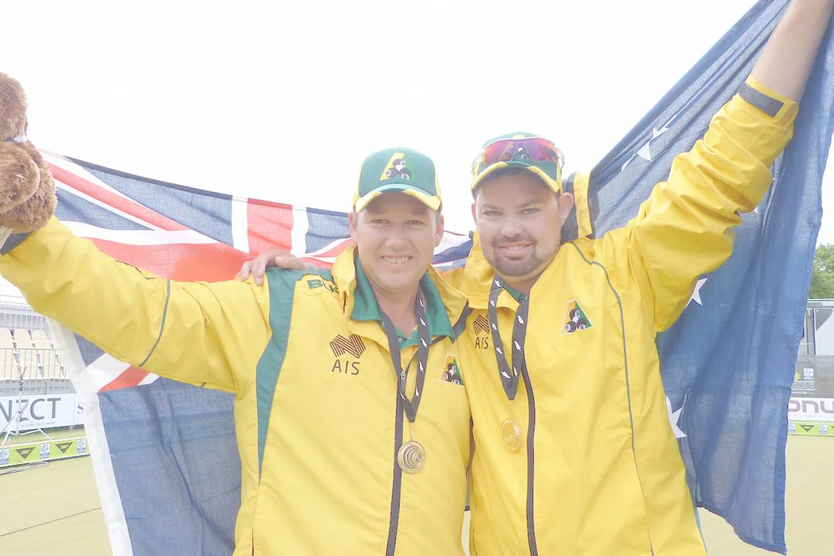 Australian Aaron Wilson (left) and Brett Wilkie celebrates after winning the men's pairs title at the 2016 World Championship, in Christchurch, New Zealand last Sunday, Dec 4, 2016. (David Allen)