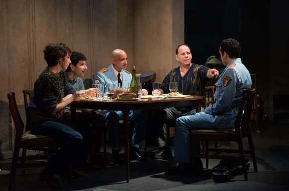 (L–R) Iris (Kristen Sieh), Itzik (John Cariani), Simon (Alok Tewari), Avram (Andrew Polk) and another musician (George Abud) in the stranded band share mutual interests. (Ahron Foster)