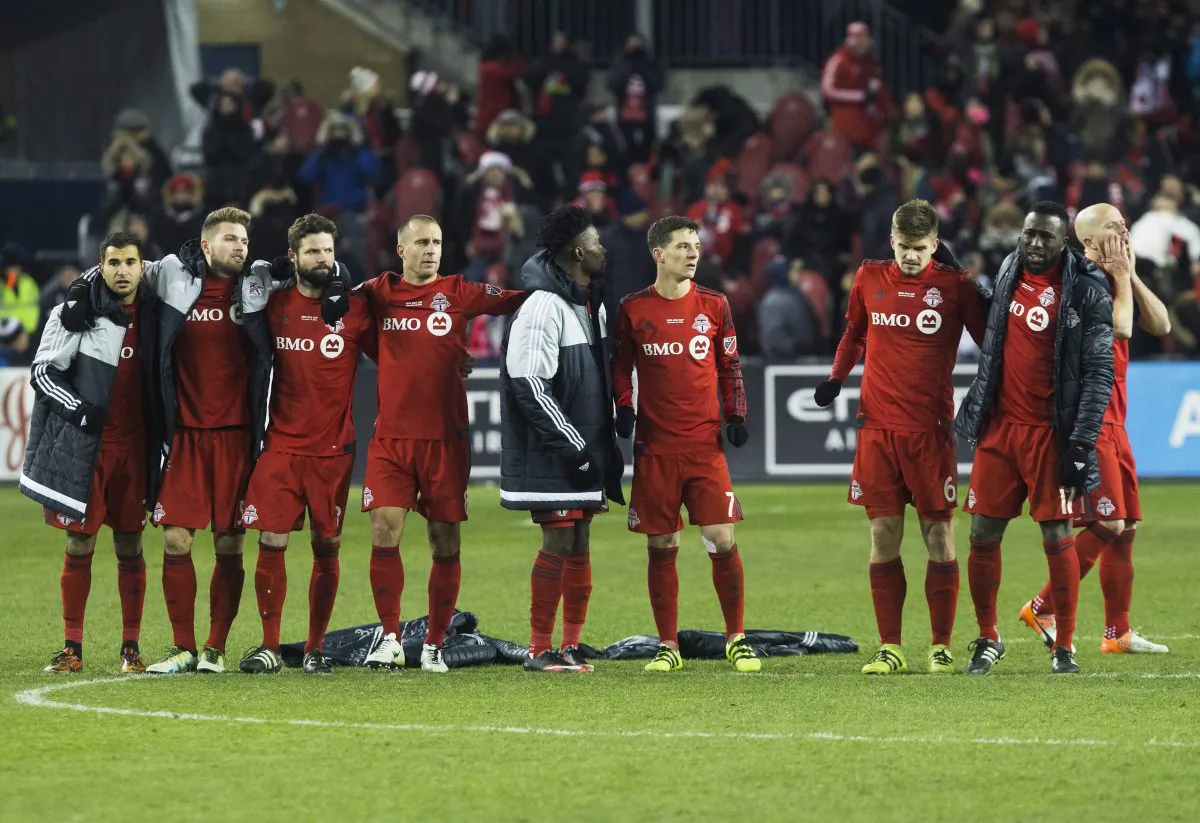 Toronto FC players look on in defeat after the Seattle Sounders scored the game-winning penalty kick at MLS Cup in Toronto on Dec. 10, 2016. (The Canadian Press/Chris Young)